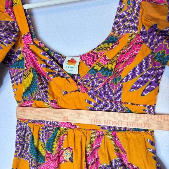 FARM RIO Macaw Puff-Sleeve Orange Midi Dress Size Large‎